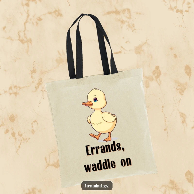 Funny determined duckling waddling energetically on a durable tote bag, showcasing humorous and motivational farm animal art.