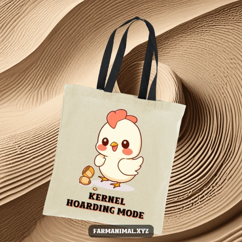 Funny chicken tote bag depicting a smiling hen playfully pecking at a kernel, a stylish and humorous accessory for any outing.