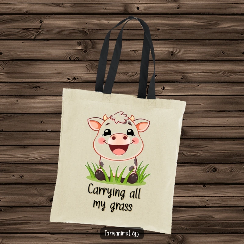 Funny Cow Tote Bag featuring a wide-grinned cow happily munching grass, perfect for carrying groceries or daily essentials with a smile.
