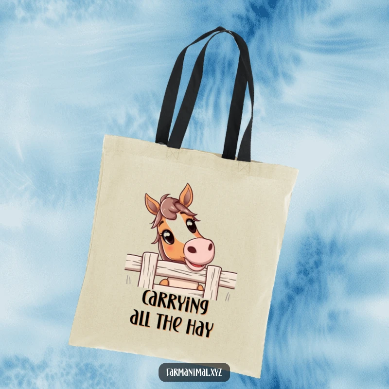 Funny Horse Tote Bag with a curious horse peeking over a fence, its wide, friendly eyes adding a touch of whimsical farm life.