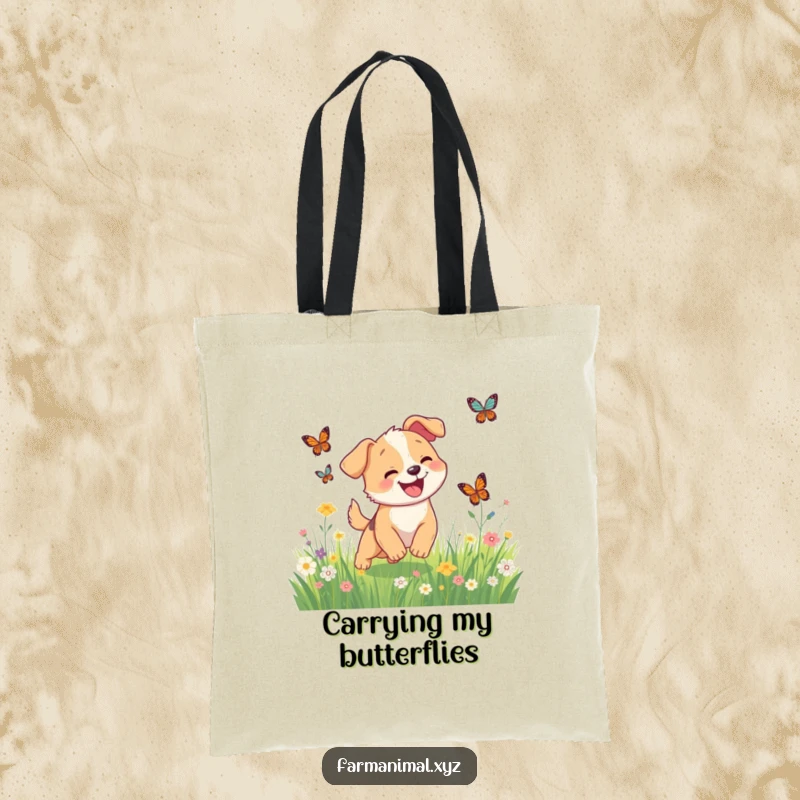 Funny happy dog running through a meadow after butterflies on a tote bag, a cheerful and humorous accessory.