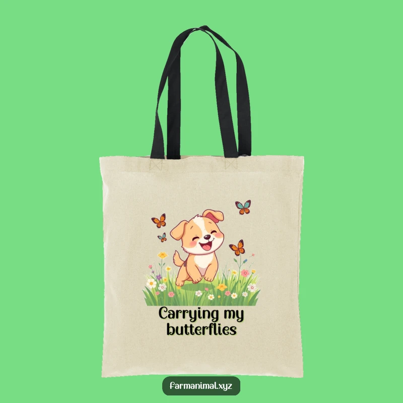 Funny Dog Butterfly Chase Tote Bag, Happy Meadow Carryall, Ideal Funny Gift