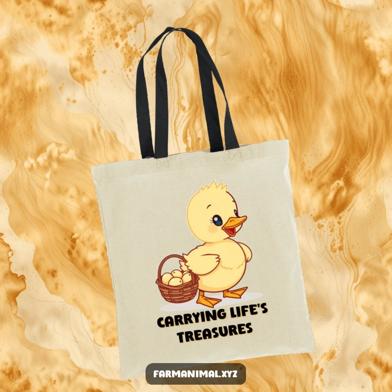 Funny Duckling Tote Bag showing a determined duckling waddling with a basket full of tiny eggs, a practical and cute accessory.