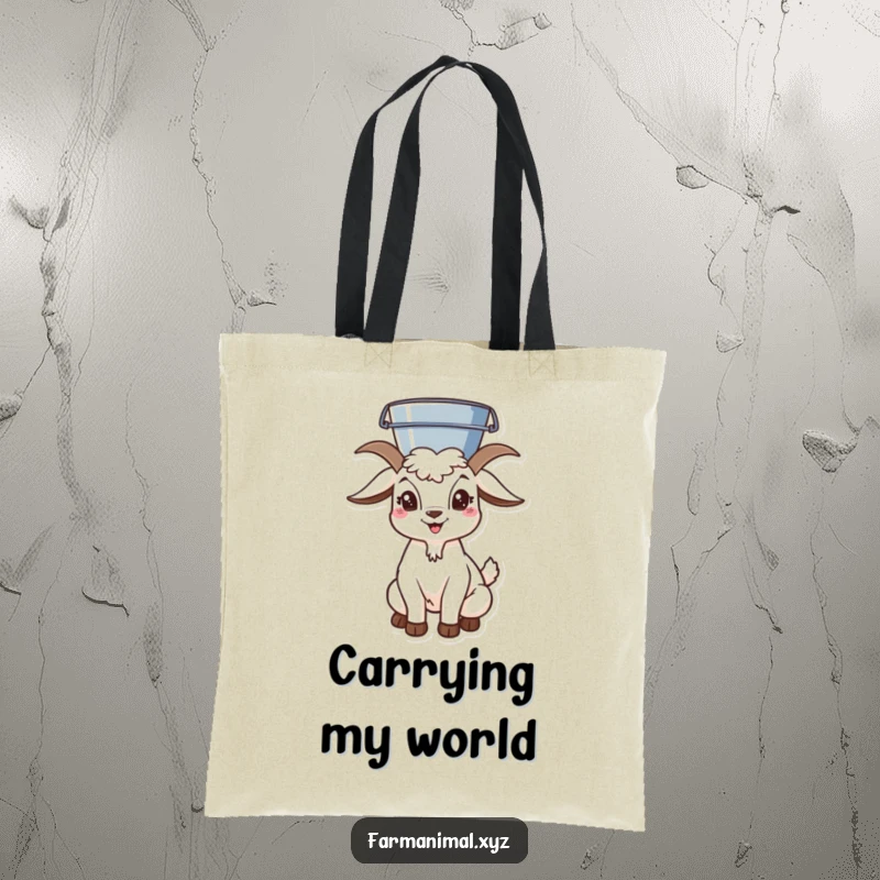 Funny goat character balancing a bucket on its head, a practical and humorous tote bag for carrying essentials.