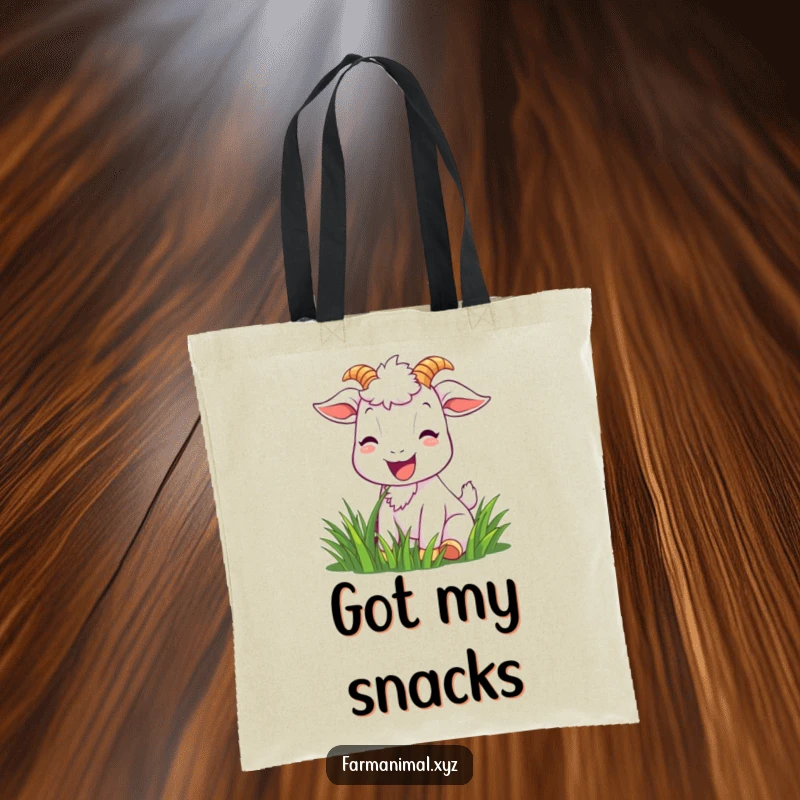 Funny goat tote bag featuring a joyful goat character with a bright smile, happily munching grass, perfect for everyday use.