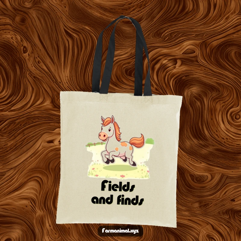 Funny happy horse character kicking its heels with joy in a pasture, a practical tote bag for everyday use.
