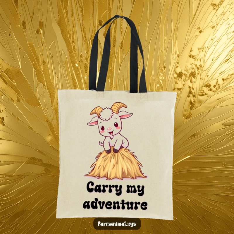 Funny tote bag with a mischievous cartoon goat climbing a haystack with pure glee, ready for errands.