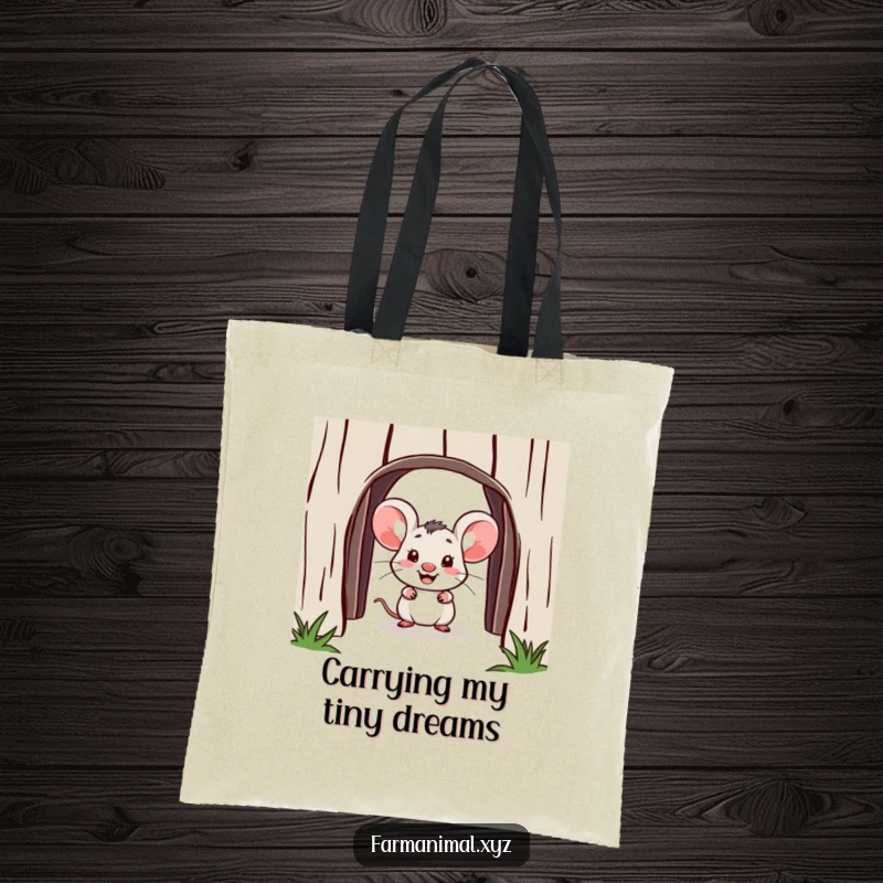 Funny mouse tote bag, a cute mouse peeking from a barn doorway, perfect for carrying items with a smile, humorous accessory.