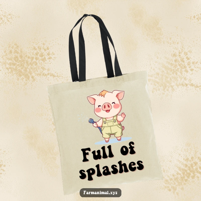 Funny Piglet Tote Bag: A cheerful piglet in overalls happily spraying water from a hose, ready for errands.