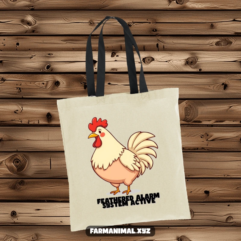 Funny rooster tote bag featuring a smiling rooster crowing, chest puffed out, full of morning energy and farm life spirit.