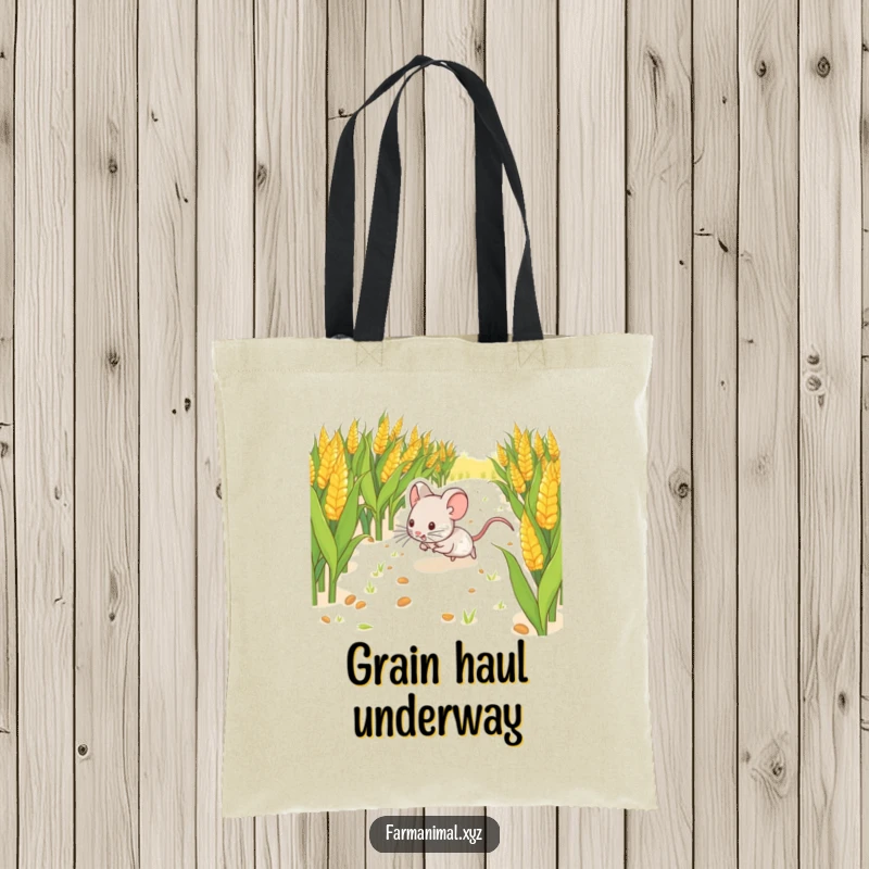 Funny Mouse Scurrying Tote Bag, illustrating a happy mouse darting through a cornfield, perfect for carrying your zest for life and farm smiles.
